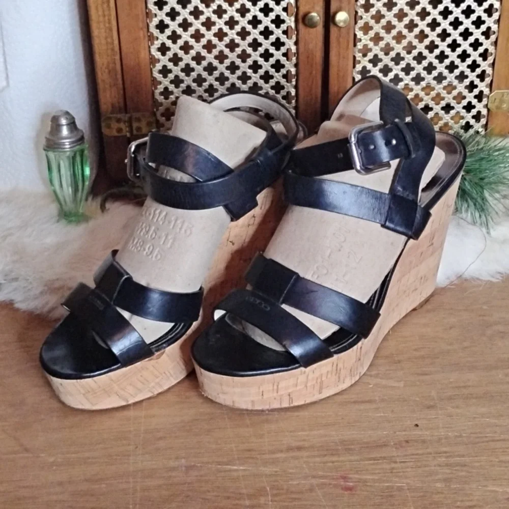Coach Black Ankle Strap High Cork Heeled Sandles